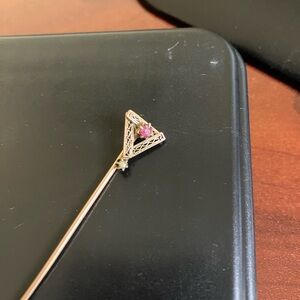 Gold Triangle Brooch with Pink Gem